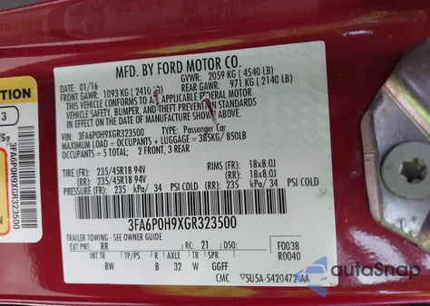 2016 Ford Fusion Se from USA, damaged, VIN 3FA6P0H9XGR323500